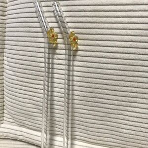 Set of 2 Yellow Flower Glass Straws